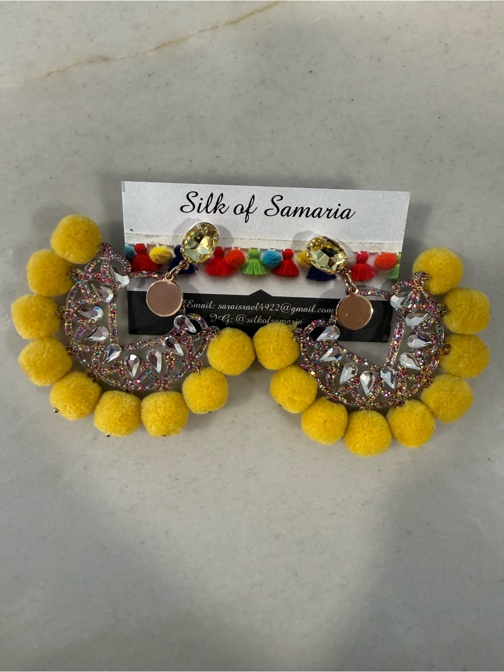 Silk of Samaria Yellow Pom Pom Statement Earrings